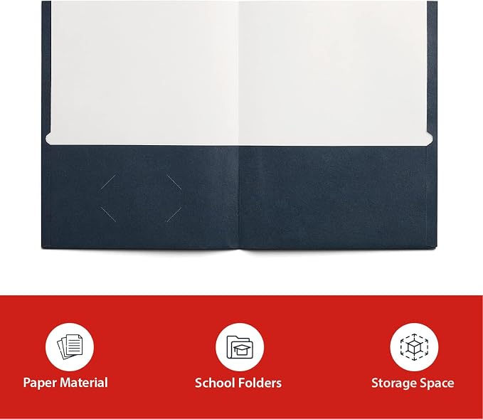Staples 2‑Pocket Folder, Navy Blue, Letter‑Size Document Folder, Durable Lightweight Paper Folder for School, Office & Home Organization