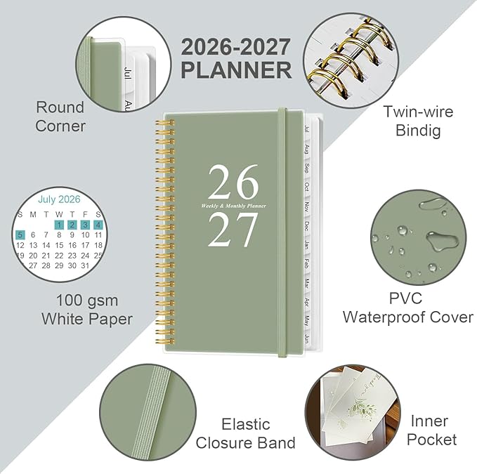 2026-2027 Pocket Planner/Calendar - 2026-2027 Planner from July 2026 - June 2027, Planner 26-27 with 12 Tabs, Twin-Wire Binding, Inner Pocket, 3.75" x 6.75, Green