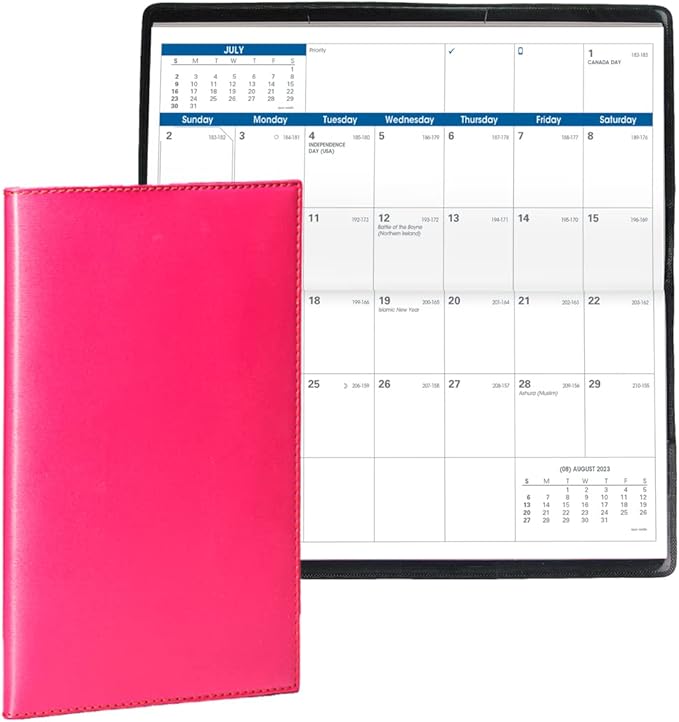 Quo Vadis 2024 Visoplan - Monthly Planner - 12 Months, Jan. to Dec. - 6 3/4 x 3 1/2" - Smooth Faux Leather Soho Raspberry - Pocket Calendar Organizer