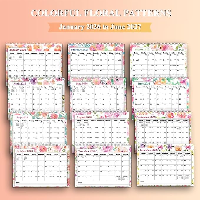 Ymumuda Wall Calendar 2026-2027,11"×14", 18 Months from JAN. 2026 to JUN. 2027, Hanging Calendar Spiral Binding, Unique Monthly Calendar for Easy Planning，Perfect for School Office Work Schedule