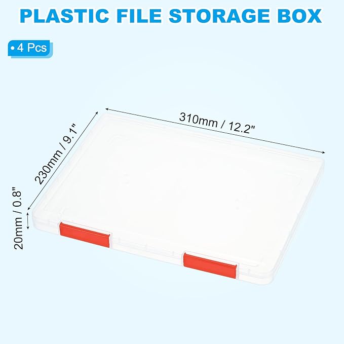 PATIKIL Clear A4 File Portable Project Case with Buckle Plastic Storage Box for 8.5" x 11" Letter Paper Scrapbook Paper Storage Boxes, 4Pcs, 12.2"x9.1"x0.8", Dark Red