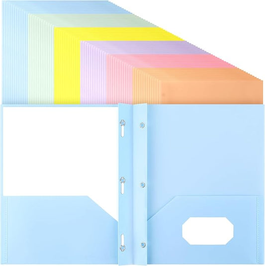 Cholemy 72 Packs Pocket Folders with Prongs Heavy Duty Plastic Folder with Business Card Slot 3 Prong Fasteners for School Office (Vibrant)