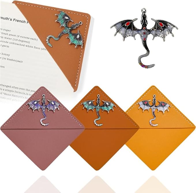 Fantasy Fourth Wing Leather Bookmarks, Flying Dragon Metal Pendant CornerBookmark, Book Mark for Reading Women Men Couple Book Accessories,Reading Supplies for Book Lover (Dragon Leather)
