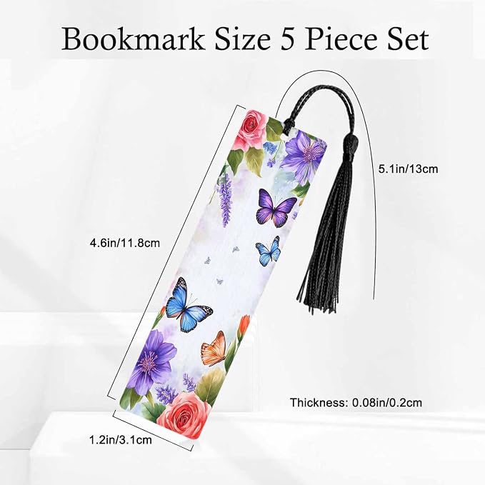 Purple Butterflies Bookmarks Set 5 with Tassels Insect Blue Pink Wooden Bookmarks for Reading Women Men Students Teachers School Supplies