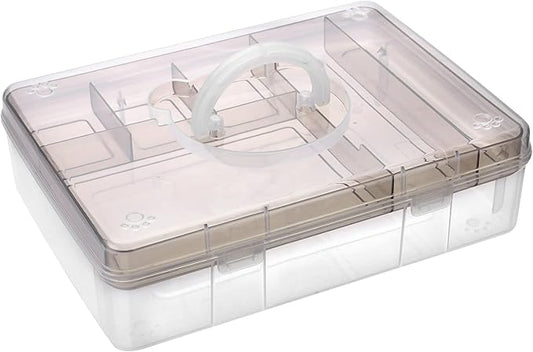 BTSKY 2-Tier Cute Bear Storage Box with Removable Divided Tray Portable Clear Plastic Art Craft Supply Organizer Stackable Home Office Supplies Storage Container for Pens Notes A4 papers etc (Coffee)