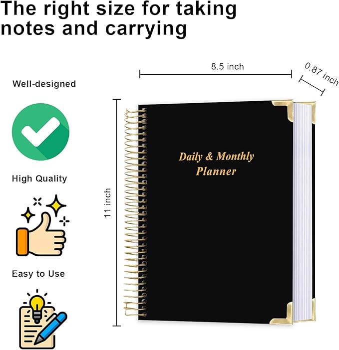Undated Daily Monthly Planner for 2026 or Anytime - A4 To Do List with Hourly Schedule, Hardcover Spiral Bound Daily Planner to Increase Focus, Stylish School/Office Supplies, 8.5" x 11", Black