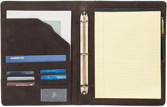 Personalized Genuine Leather 3 Ring Binder, Custom Engraved 8.5 x 11 Letter Size Folio with Pen Holder, Soft Notebook Portfolio Cover, Notepad Padfolio Organizer for Meeting, Dark Khaki