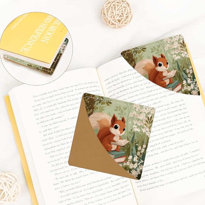 2PCS PU Leather Bookmarks 3.5x3.5 Inch Squirrel Floral Reading Design | PU leather bookmarks with squirrel floral reading design for story books, journals, study notes, young readers and book fans