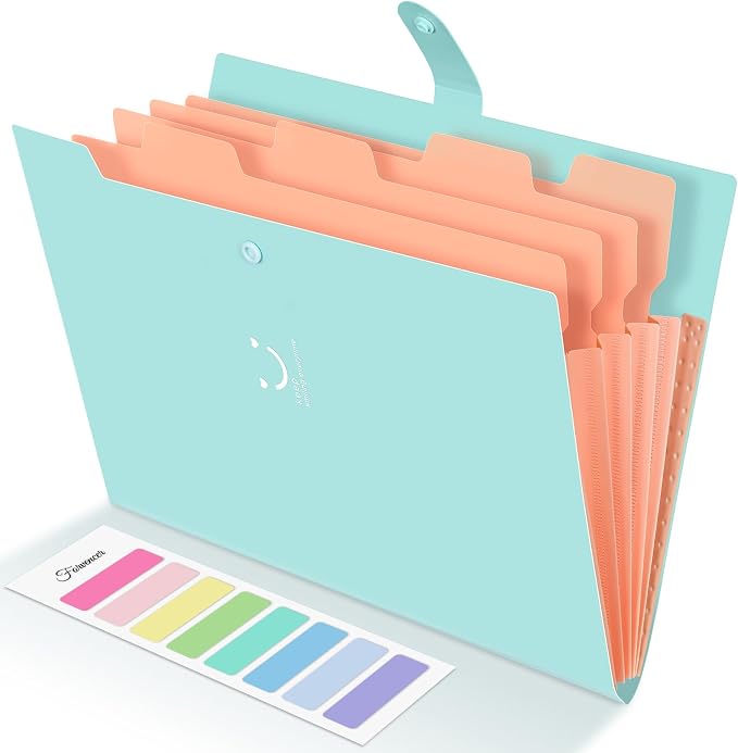 Forvencer Accordion File Organizer, Letter Size, 5 Pocket Expanding File Folder, Cute File Folder with Labels, Portable File Organizer for School Office Supplies, Folders for Documents, Jade