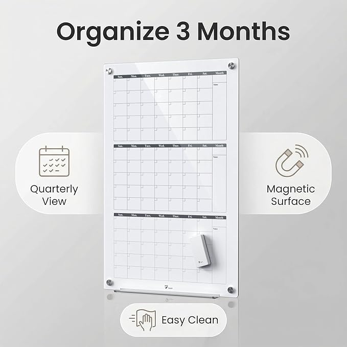 3-Month Vertical Layout 24'' x 36'' Magnetic Glass Dry Erase Calendar Board for Wall, Whiteboard Planner, Reusable Monthly Frameless Quarterly Whiteboard for Office, Home & Classroom with Accessories