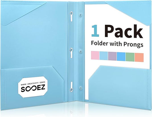 Sooez Plastic Folders with Pockets, 2-Pocket Folders with Prongs Fit Letter Size Paper, 1 Pack Heavy Duty 3 Prong File Folders for Documents, Colored File Folder Back to School Supplies for Kids