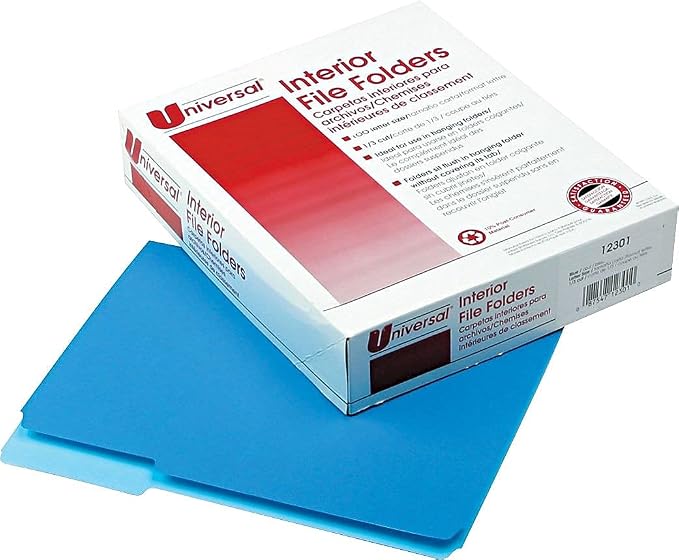Universal 12301 Recycled Interior File Folders, 1/3 Cut Top Tab, Letter, Blue, 100/Box