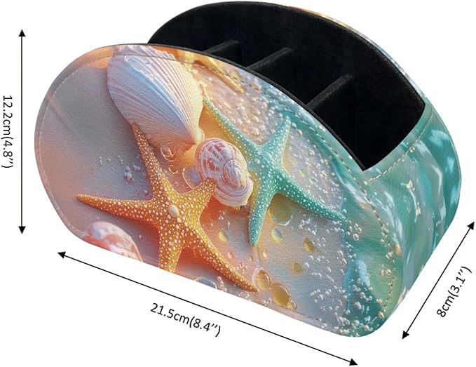 Forchrinse Teal Orange Starfish Remote Control Holder with 5 Compartments-Leather Remote Caddy Box Multi-use Desktop Storage Organizer for TV Remote Holders,Media Players