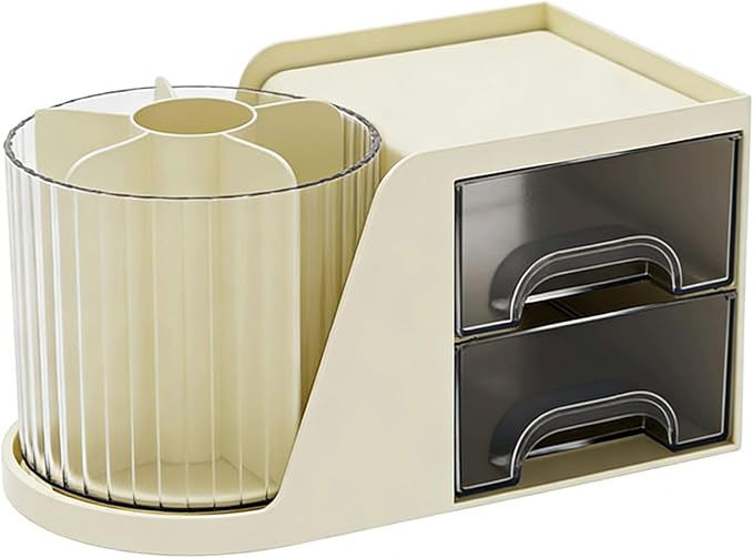 Desk Organizer with 2 Drawer,360 Degree Rotating Pen Holder for Desk,6 Slots Makeup Brush Holder for Office,School,Home,Art Supplies (Cream)