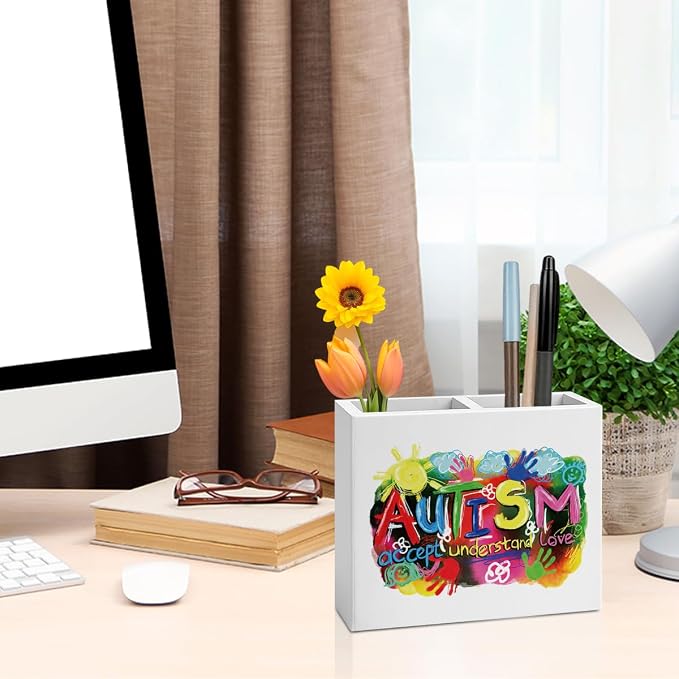 Autism Pencil Holder Decor Education Teacher Gifts for Office SPED Teachers Gift Autism Awareness Wooden Organizer Vase for Office Home Desk Gifts for Autistic Adult Girl Boy