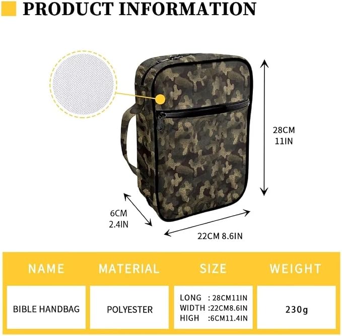 Coldinair Camo Bible Cover for Men Women Bible Case Bible Carrier Carrying Organizer Purse Handbag with Zipper Pockets Church Bag
