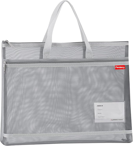 Pendancy Mesh Zipper Pouch A4 Size, Large Double Pocket Lightweight Nylon Transparent File Bag with Handle, 11x13.8 in Foldable Document Storage for Puzzle Project/Cross Stitch/Travel/Office (Gray)