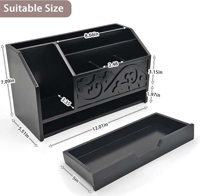 Black Wooden Mail Organizer with Drawer, Three Tiered Desk Accessories for Office Organization and Storage, Stylish Countertop Document Storage, Home/Office/Classroom Supplies (Black01)
