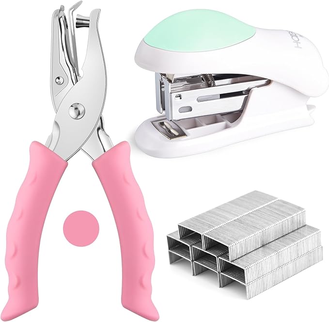 NEBURORA Green Mini Effortless Desktop Staplers with 400 Standard Staples Bundle Pink Single Hole Puncher Metal with Soft-Handled