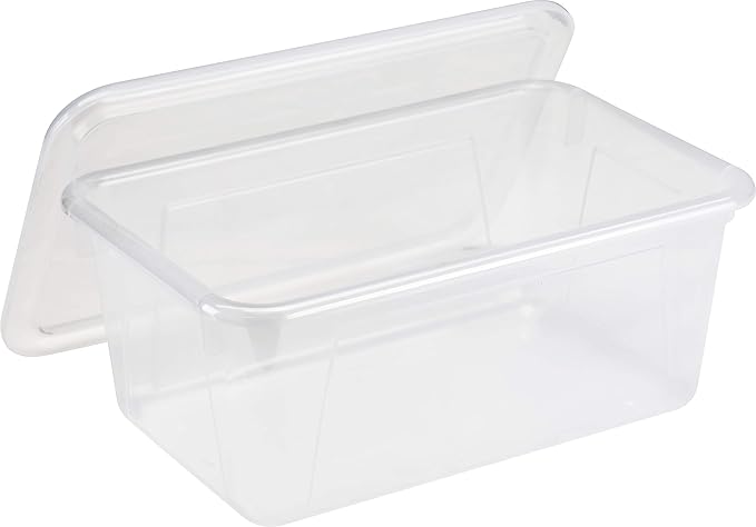 Storex Small Cubby Bins – Plastic Storage Containers for Classroom with Non-Snap Lid, 12.2 x 7.8 x 5.1 inches, Translucent, 5-Pack (62436U05C)