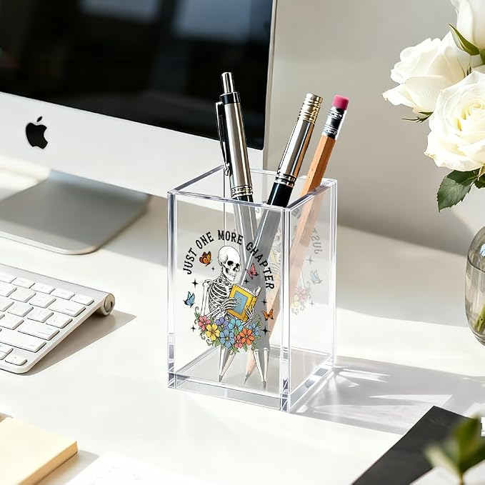 Just One More Chapter Acrylic Pen Holder Cosmetic Organizer, Fun Skeleton Book Pen Pencil Holders for Desk, Reading Nook Accessories for Readers Librarian Bookworm, Bookmark Holder for Bookshelf