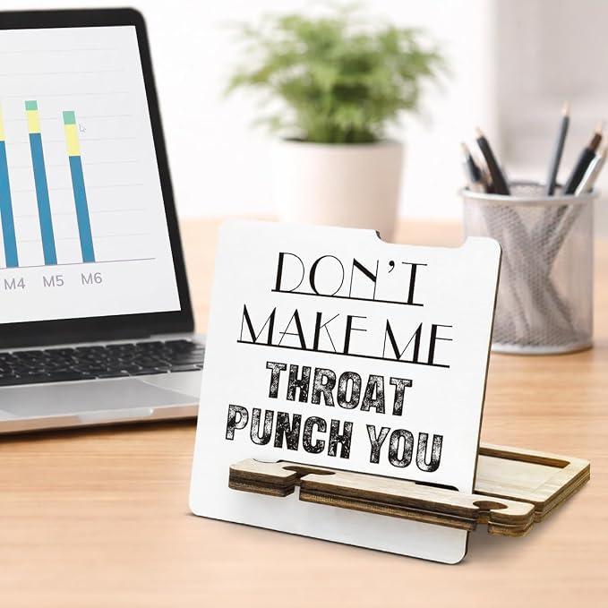 Funny Office Gifts for Friend Coworker - Multi-functional Desk Organizer - Humorous Office Throat Punch You Wood Sign for Office Desk Shelf Decor