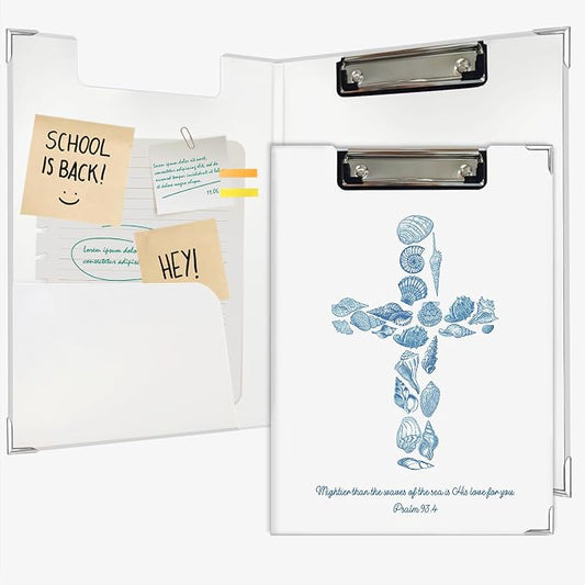 Lacama Blue Beach Christian Clipboard with Storage for Office Classroom Desk, Christian School Supplies, Psalm 93:4 Bible Verse Project Folders with Metal Clip for Teachers Students, 12.4x9.25 in