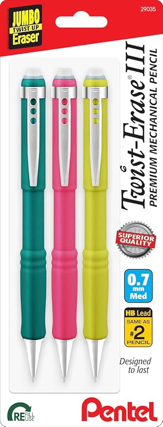 Pentel Twist Erase III Mechanical Pencils 0.7mm - Pre-Loaded Super Hi Polymer HB Lead, Assorted Barrel Colors, Pack of 3