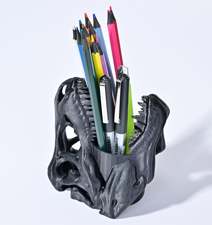 Dinosaur Pen Holder, Dinosaur Skull Figurine Pencil Holder for Office Desk Decor, Funny Easter Gifts for Men Boys Room Decor, Cool Black T-Rex Desktop Organizer