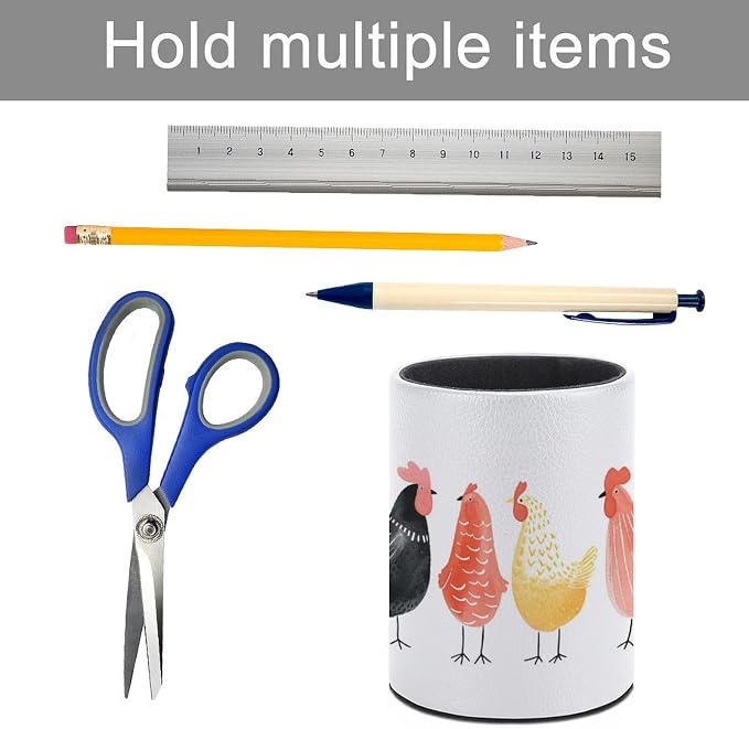 Row of Chickens Pencil Holder Round Pen Cup Hint of Bright Colour PU Leather Marker Holder Makeup Brush Holders Desk Accessories Workspace Organizers for Home School Office