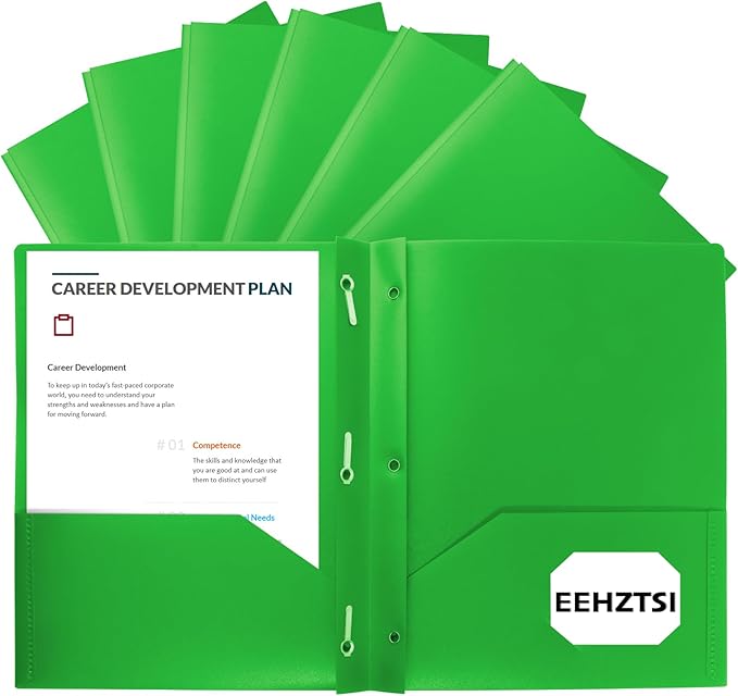 12-Pack Plastic Folders with Pockets and Prongs, 2-Pocket Poly Folders with 3 Fasteners Holds 8-1/2" x 11" Paper for School/Office/Home, Green