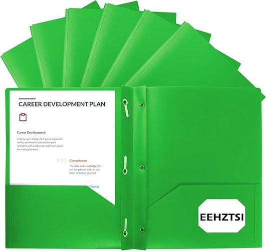 12-Pack Plastic Folders with Pockets and Prongs, 2-Pocket Poly Folders with 3 Fasteners Holds 8-1/2" x 11" Paper for School/Office/Home, Green