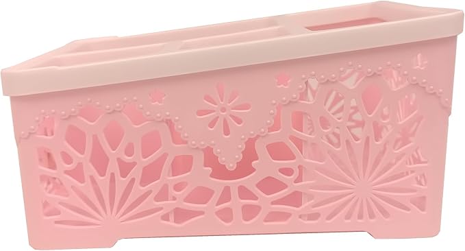 Pink Bow 4 Compartment Plastic Storage Caddy, Hollow Lace Divided Vanity Organizer Bin, Cute Pastel Pink Desktop Basket for Cosmetics Stationery Small Accessories (Bowknot B)