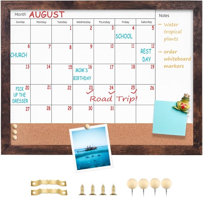 Dry Erase Calendar Whiteboard for Wall, 13" x 17" Small Combination Magnetic Dry Erase White Board & Bulletin Board, Walnut Brown Frame Calendar/Cork Combo Board(WB-3343-B)