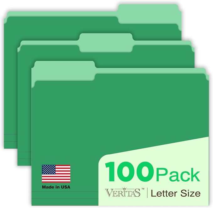 Green Manilla Folders File Folders 100-Pack Letter Size 8.5" x 11" Green Colored Folder with 1/3-Cut Tabs Durable Pressboard Folders for Office, School, Home, Business Filing Supplies,Made in USA