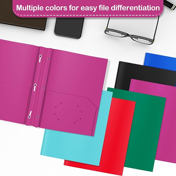 ViVin 12 Pack Plastic Folders with Pockets and Prongs, Heavy Duty 2 Pocket Folders with 3-Prong Fasteners, Poly File Holds 8-1/2" x 11" Paper for School Office Home (Purple)
