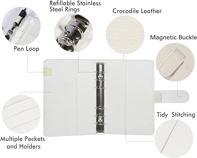 A5 Leather 6 Ring Binder - Crocodile Pattern Planner Cover Refillable with 80 Lined Sheets for Budget,Journal,Money Organizer -Beige