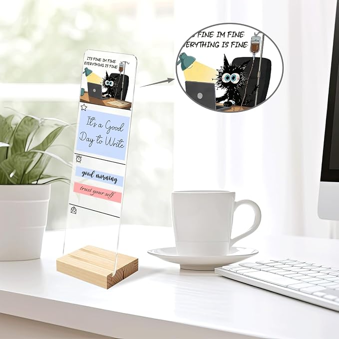 It's Fine I'm Fine Everything is Fine Cat Office Decor Sticky Note Holder, Funny Office Monitor Memo Board Decorations for Shelf Desk Accessories Black Cat Gifts