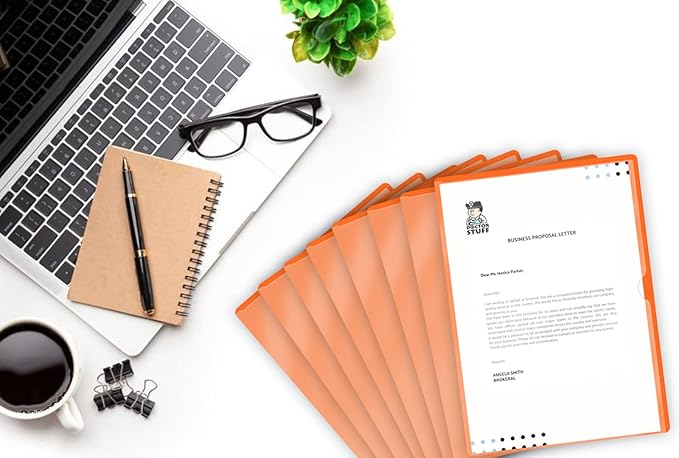 Doctor Stuff - 100 Pack L-Type Vinyl Plastic File Folders Letter Size, Orange Pocket Project Folders Clear Front, Documents Holder for Home, High School, Office and Medical Files