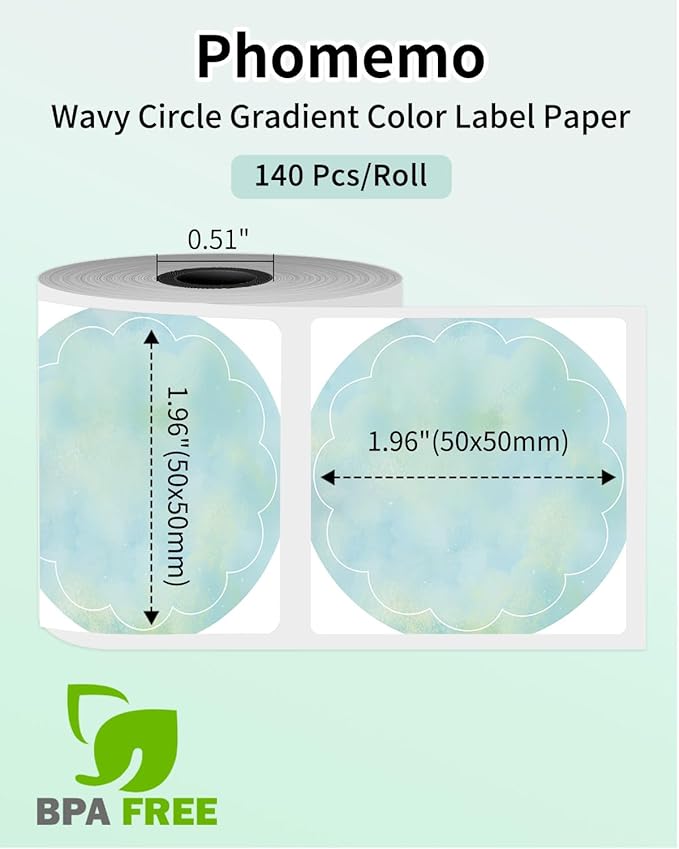 Phomemo Wavy Circle Thermal Label, Gradient Rainbow Green Sticker Label for M110/M100/M220/M250/M108 Label Makers, 1.96" x 1.96" (50x50 mm), for Barcode/Address/Mailing/Logo/Business/Home