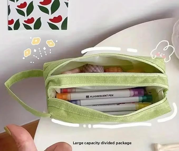 Large Capacity Green Pencil Organizer with 2 Zipper Pockets, Multi Purpose Pouch, Canvas Stationery Bag for School and Office Supplies, Multi-Purpose Pen Pouch and Travel Storage Case (Green)