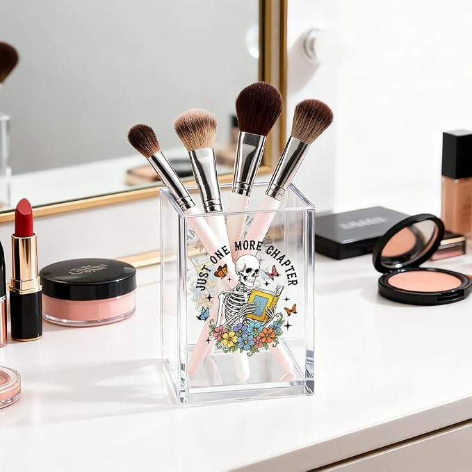 Just One More Chapter Acrylic Pen Holder Cosmetic Organizer, Fun Skeleton Book Pen Pencil Holders for Desk, Reading Nook Accessories for Readers Librarian Bookworm, Bookmark Holder for Bookshelf