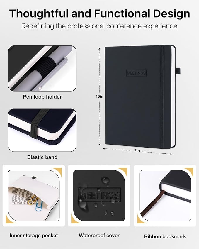 WEMATE Meeting Notebook for Work, Work Planner Notebook With Action Items, B5 Size Project Planner, Easily Take Meeting Notes & Keep Agendas on Track, Calender, Index Page, Inner Pocket, 7×10 Inch, Black