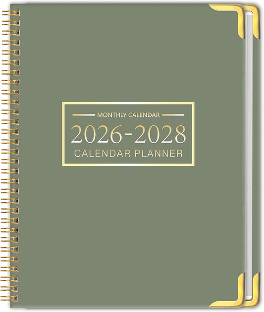 Monthly Planner 2026-2028, Hardcover 3 year calendar 2026-2027-2028 Calendar Book from Jan 2026 - Dec 2028, 9“ x 11”, Spiral Bound,Organizer for Office, School, and Home,Green