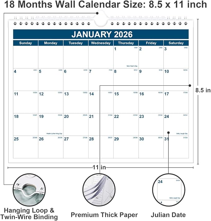 Calendar 2026-2027 - Monthly Wall Calendar from July 2026 - June 2027, Spiral Binding Hanging Wall Calendar 2026 for Home/Office, 8.5" x 11", Blue