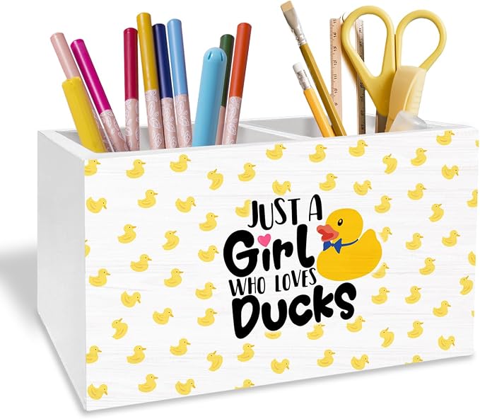 Yellow Duck Pen Holder for Desk, Gifts for Duck Lovers Pencil Organizer, Just a Girl Who Loves Ducks Wooden Box Sign Desk Decor for Home Office Decoration
