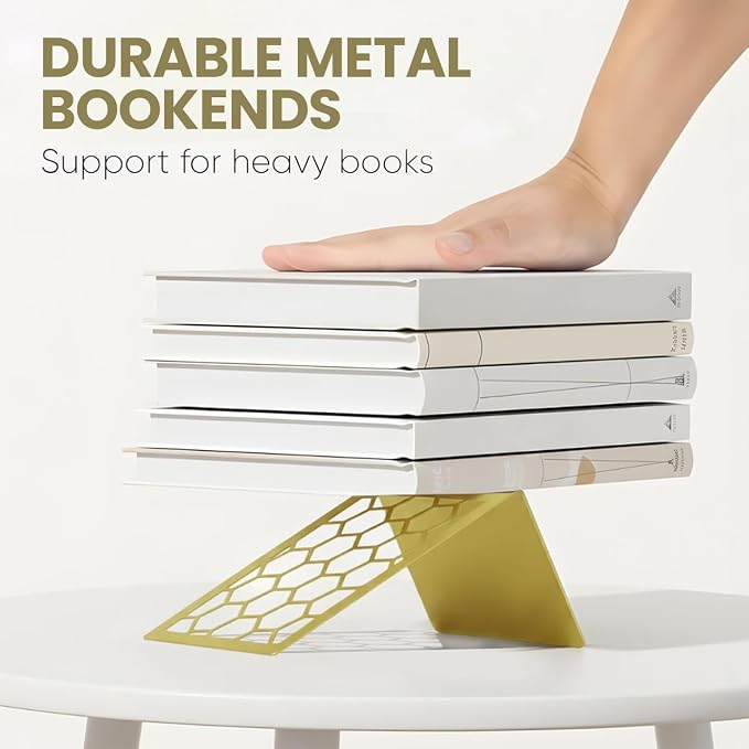 Gold Geometric Honeycomb Metal Bookends - Book Ends for Shelves - Decorative Modern Heavy Duty Bookend Stopper - Book Ends for Heavy Books - Home Office Book Holder - 1 Pair, 6x3.25x6.25 in