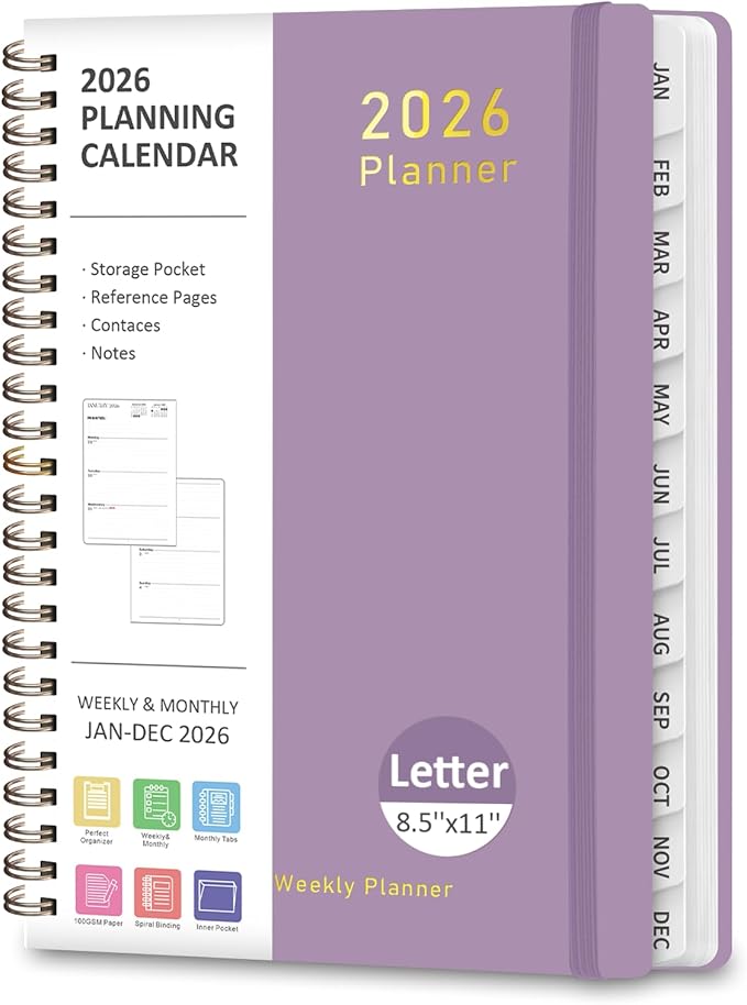 2026 Planner, Weekly and Monthly Calendar Academic Planner, Jan 2026 - Dec 2026, Planning Agenda Book for Desk Accessories and School Supplies - Letter Size(8.5'' x 11'')