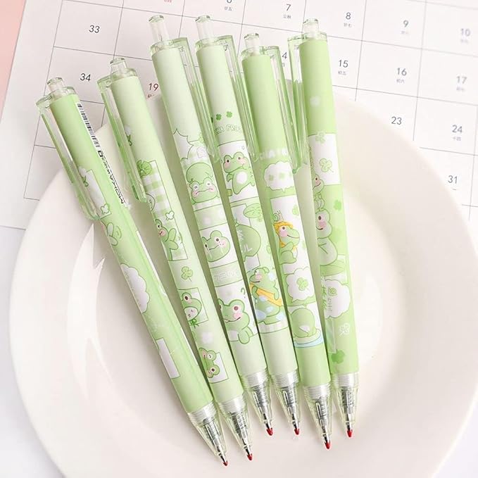 Jowxsx 6 PCS Cute Pens Black Gel Ink Pens,Green Frog Gel Cute Cartoon Animal Pen,Retractable Ballpoint Pen(0.5mm) Writing and Correction Supplies