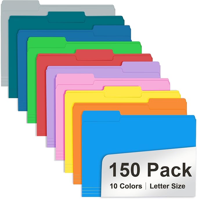 File Folder, RAZCC Colored File Folders, 1/3 Cut Tab File Folder Letter Size, Filing Folders with Tabs for Office School Business Use, Assorted 10 Colors (150 Pack)